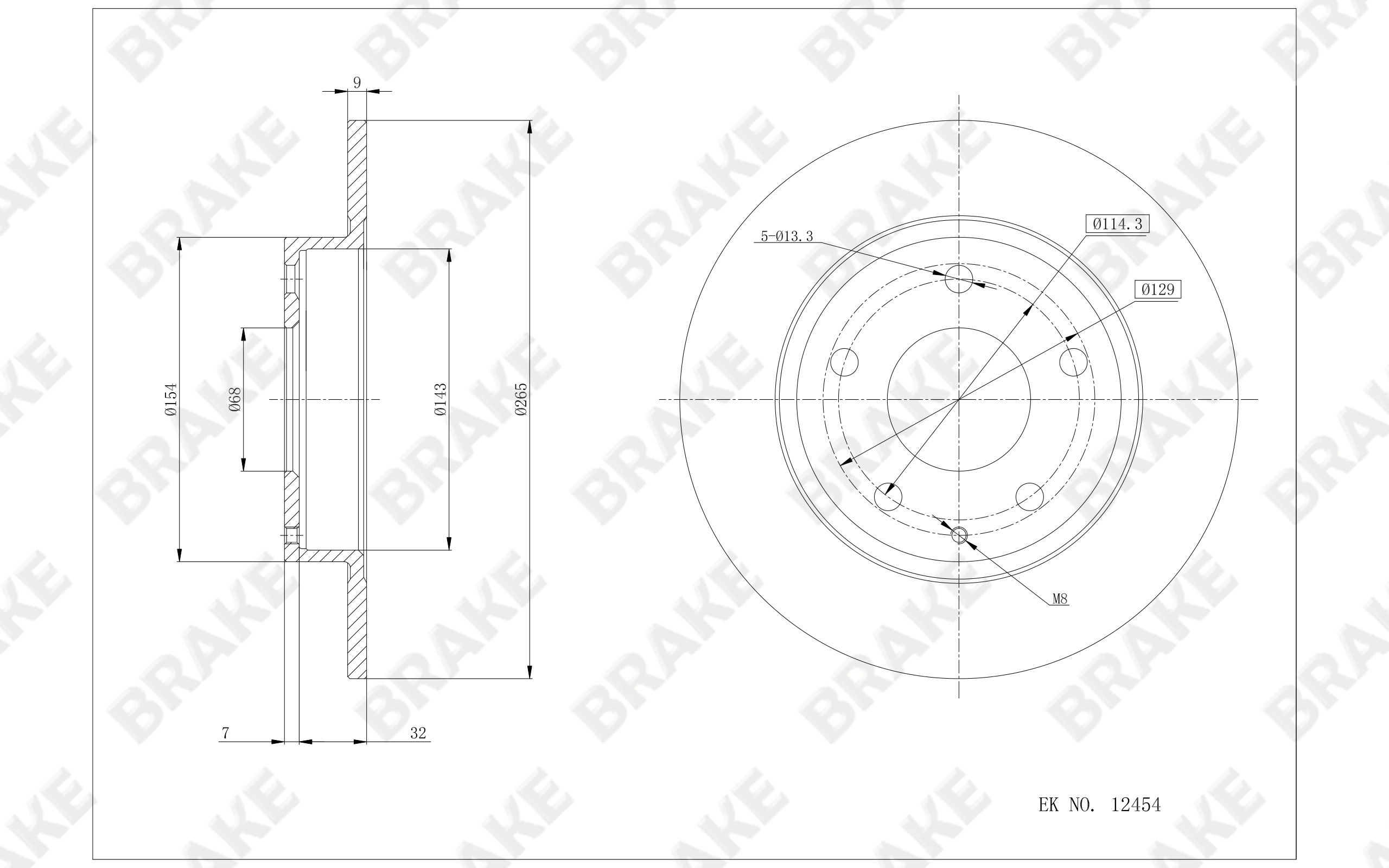马自达 马自达3 Axela昂克赛拉 2014款 两厢 2.0L 自动旗舰型(PEY5) BRAKE EK12454 后刹车盘 直径:265;节圆直径:114.3;中心孔直径:68;制动盘厚度:9;最小厚度:7;固定孔数量:5;总高:39;制动盘类型:实心盘 