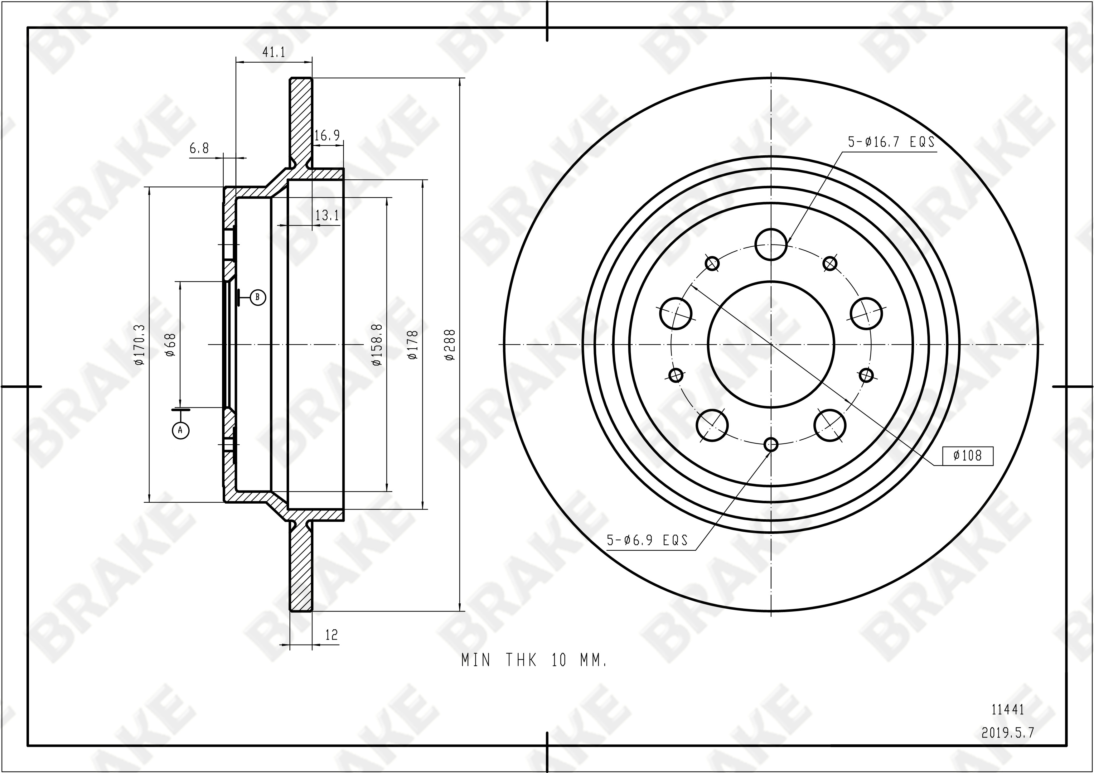 沃尔沃 S60 2001款 2.3T 手自一体 T5 BRAKE EK11441 后刹车盘 直径:288;节圆直径:108;中心孔直径:68;制动盘厚度:12;最小厚度:10;固定孔数量:5;总高:65;制动盘类型:实心盘 