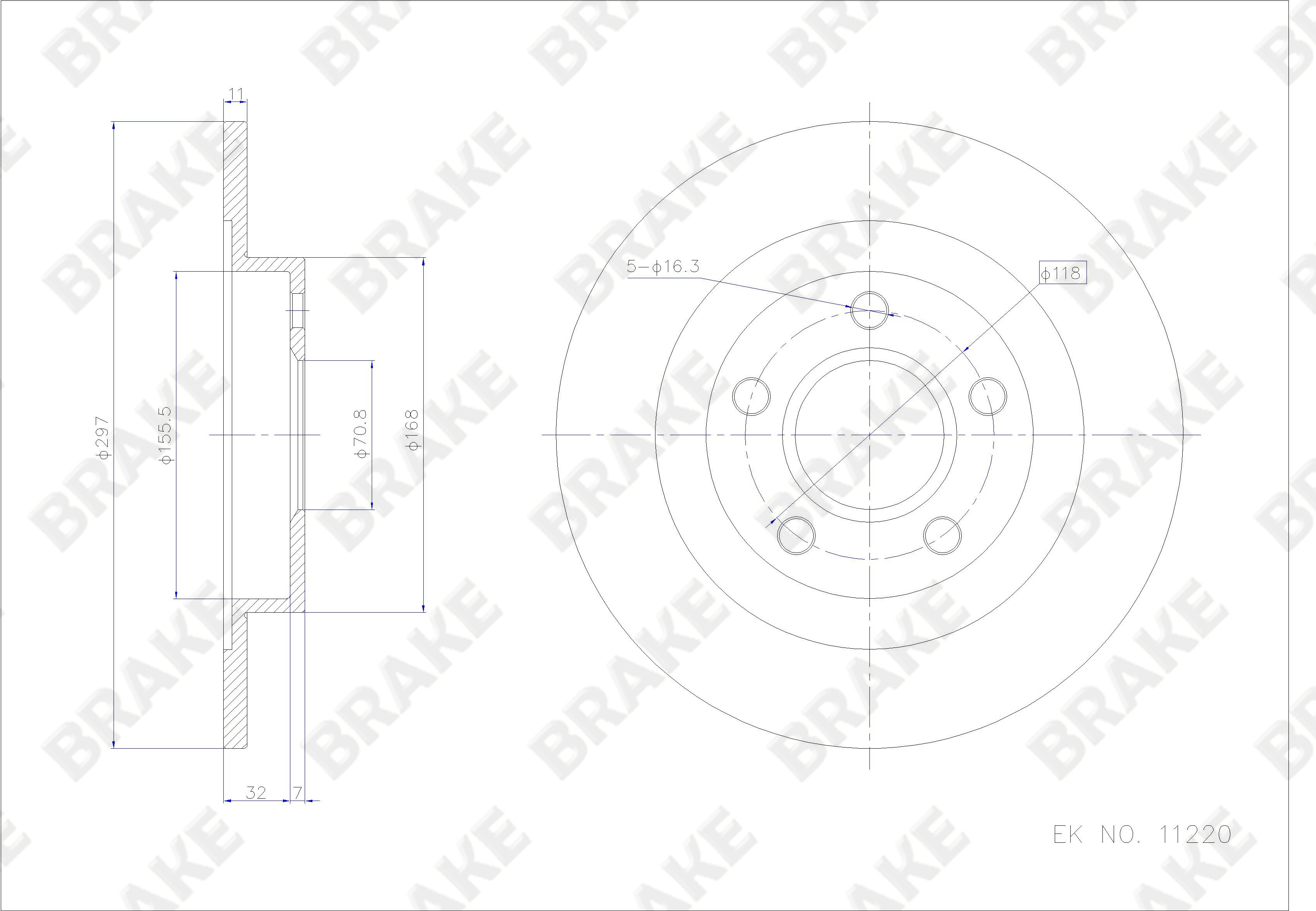 凯迪拉克 帝威 2006款 基本型 BRAKE EK11220 后刹车盘 直径:297;节圆直径:118;中心孔直径:70.84;制动盘厚度:11;最小厚度:9;固定孔数量:5;总高:39;制动盘类型:实心盘 