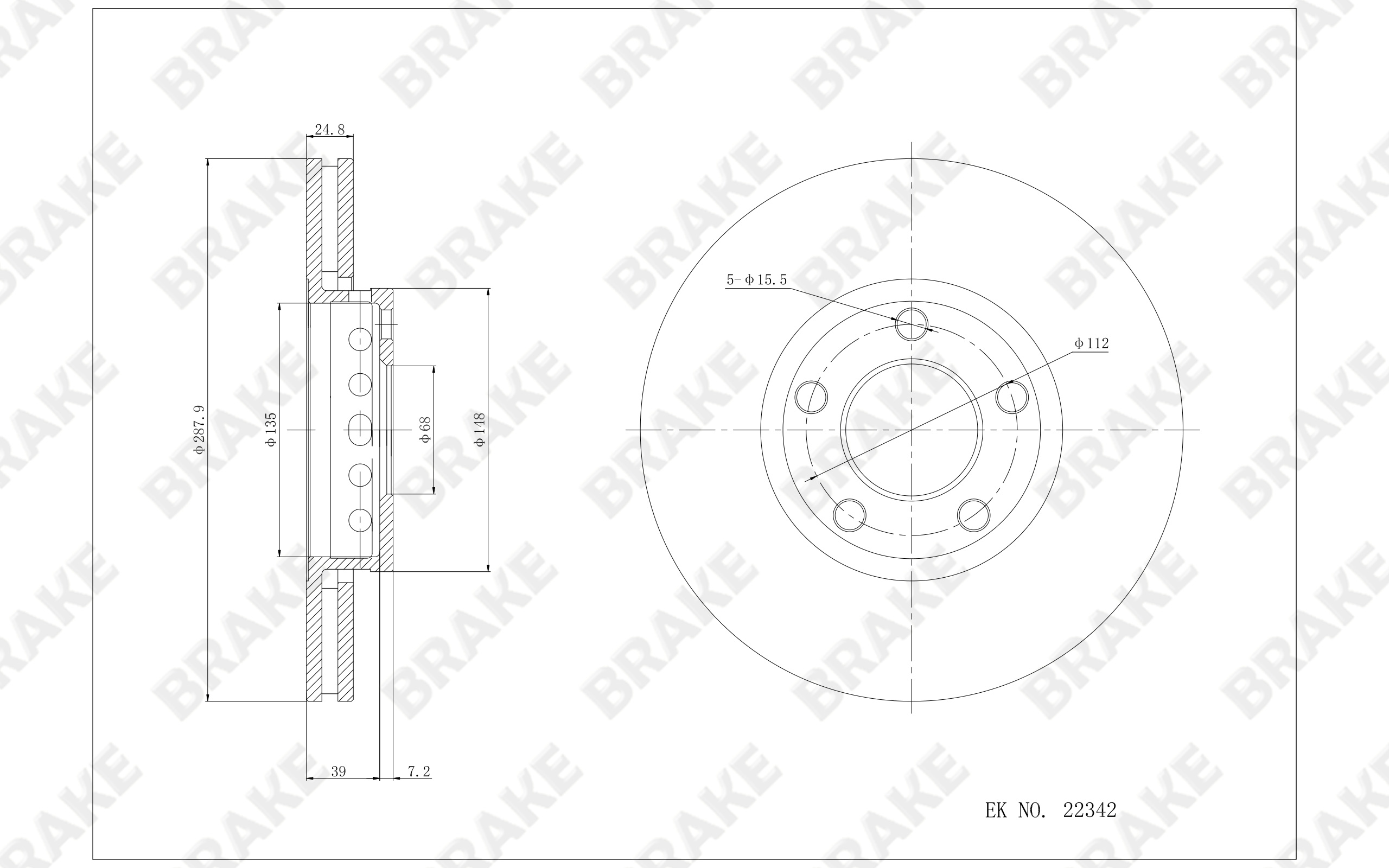 奥迪 A6 2001款 2.8L(ANQ) BRAKE EK22342 前刹车盘 直径:288;节圆直径:112;中心孔直径:68.05;制动盘厚度:25;最小厚度:23;总高:46;固定孔数量:5;制动盘类型:通风盘 
