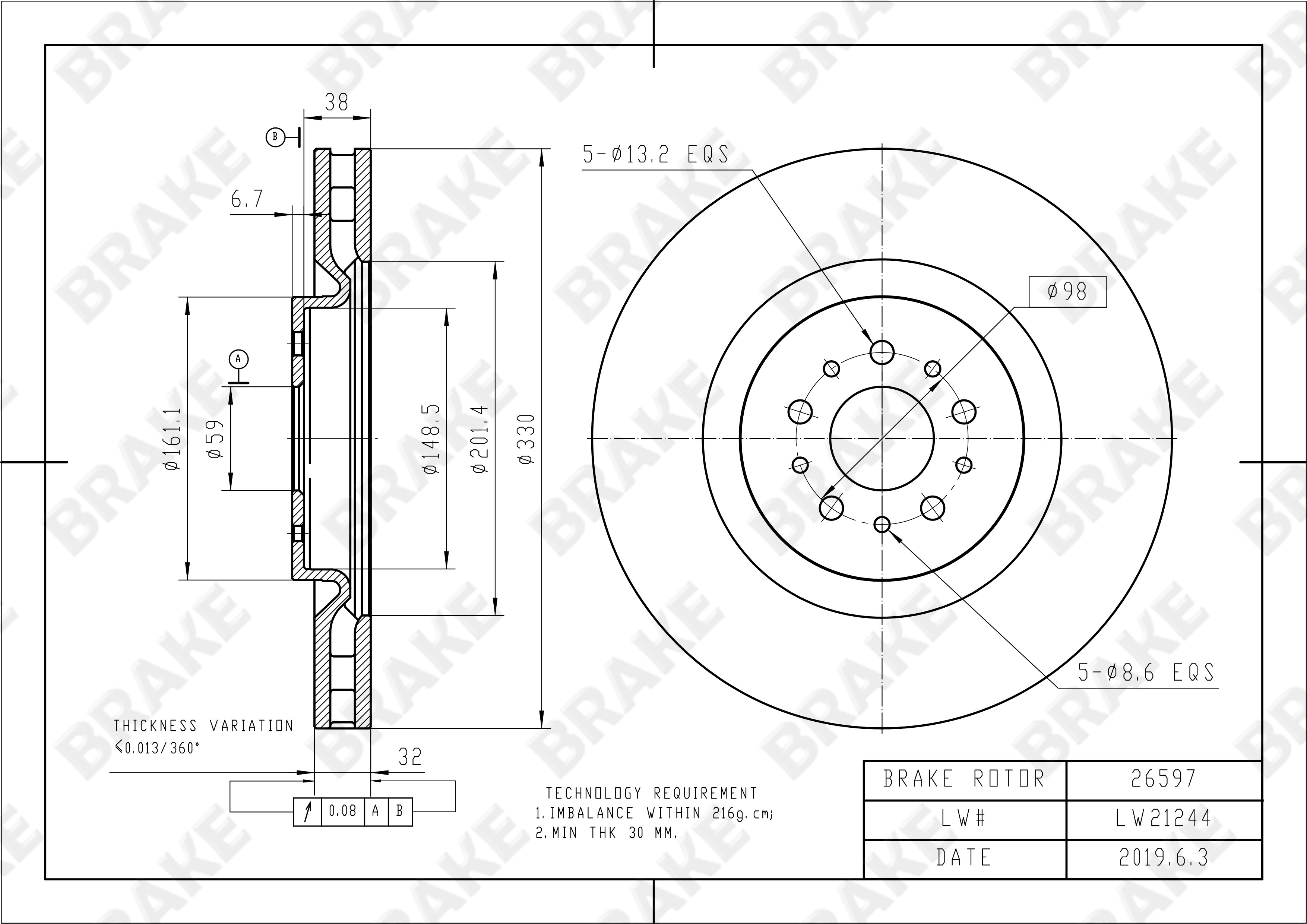 阿尔法·罗密欧 ALFA GT 2004款 3.2(932 A.000) BRAKE EK26597 前刹车盘 直径:330;节圆直径:98;中心孔直径:59;制动盘厚度:32;最小厚度:30;总高:45;固定孔数量:5;制动盘类型:通风盘 