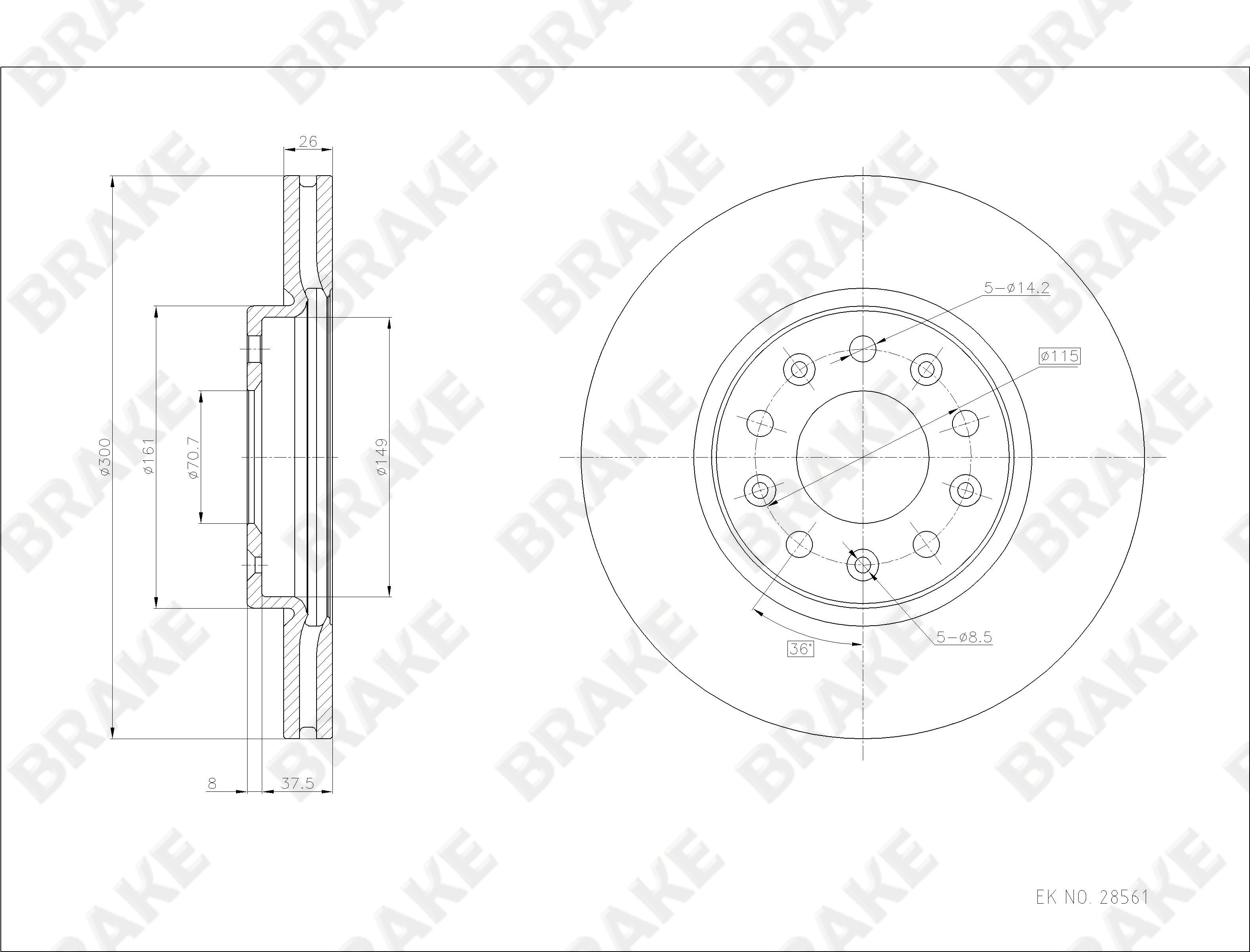 雪佛兰 迈锐宝XL 2018款 530T 自动锐享版(LFV) BRAKE EK28561 前刹车盘 直径:300;节圆直径:115;中心孔直径:70.7;制动盘厚度:26;最小厚度:23;总高:46;固定孔数量:5;制动盘类型:通风盘 