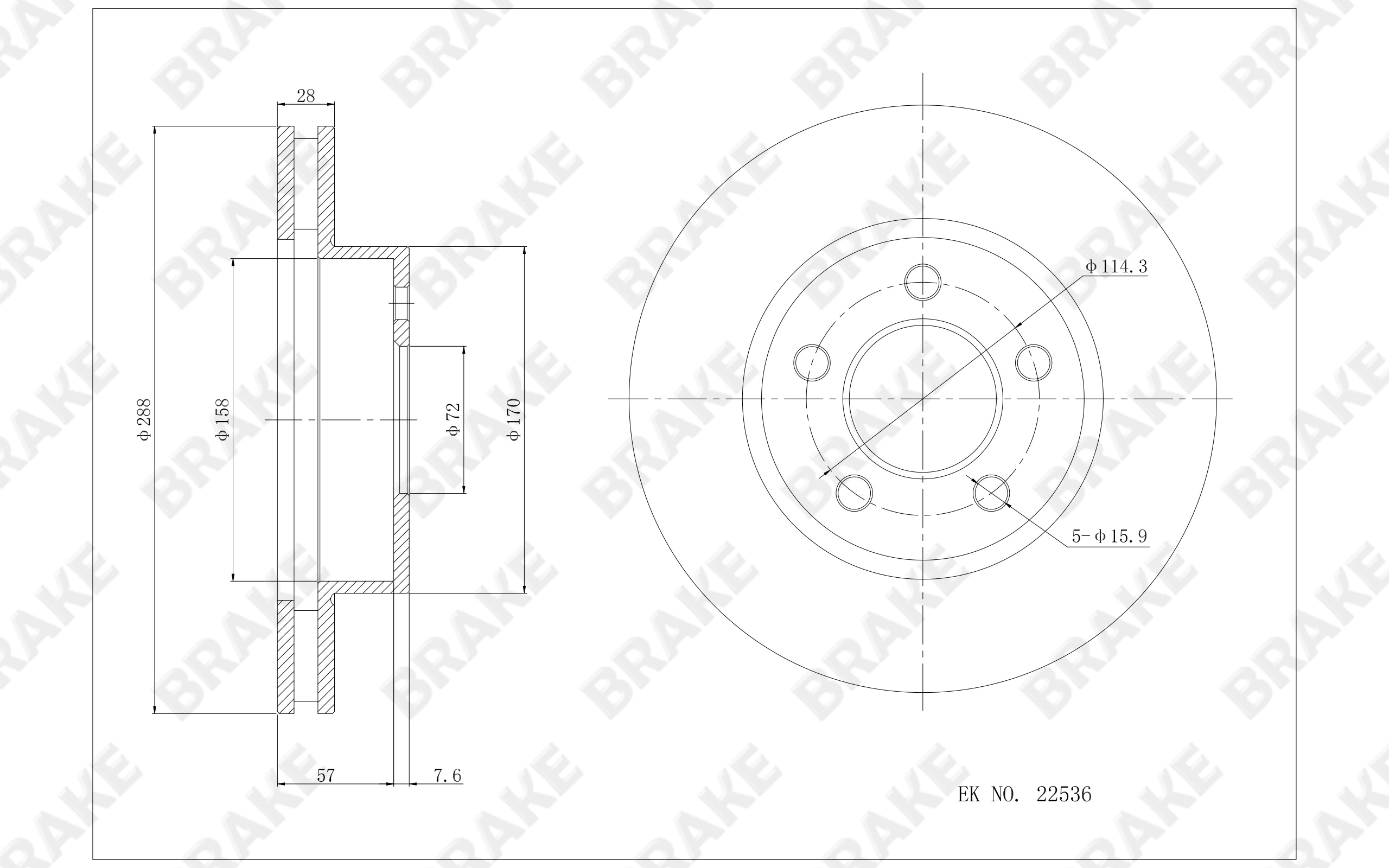 Jeep 自由人 2012款 北极版 BRAKE EK22536 前刹车盘 直径:288;节圆直径:114.3;中心孔直径:72.16;制动盘厚度:28;最小厚度:26;总高:65;固定孔数量:5;制动盘类型:通风盘 