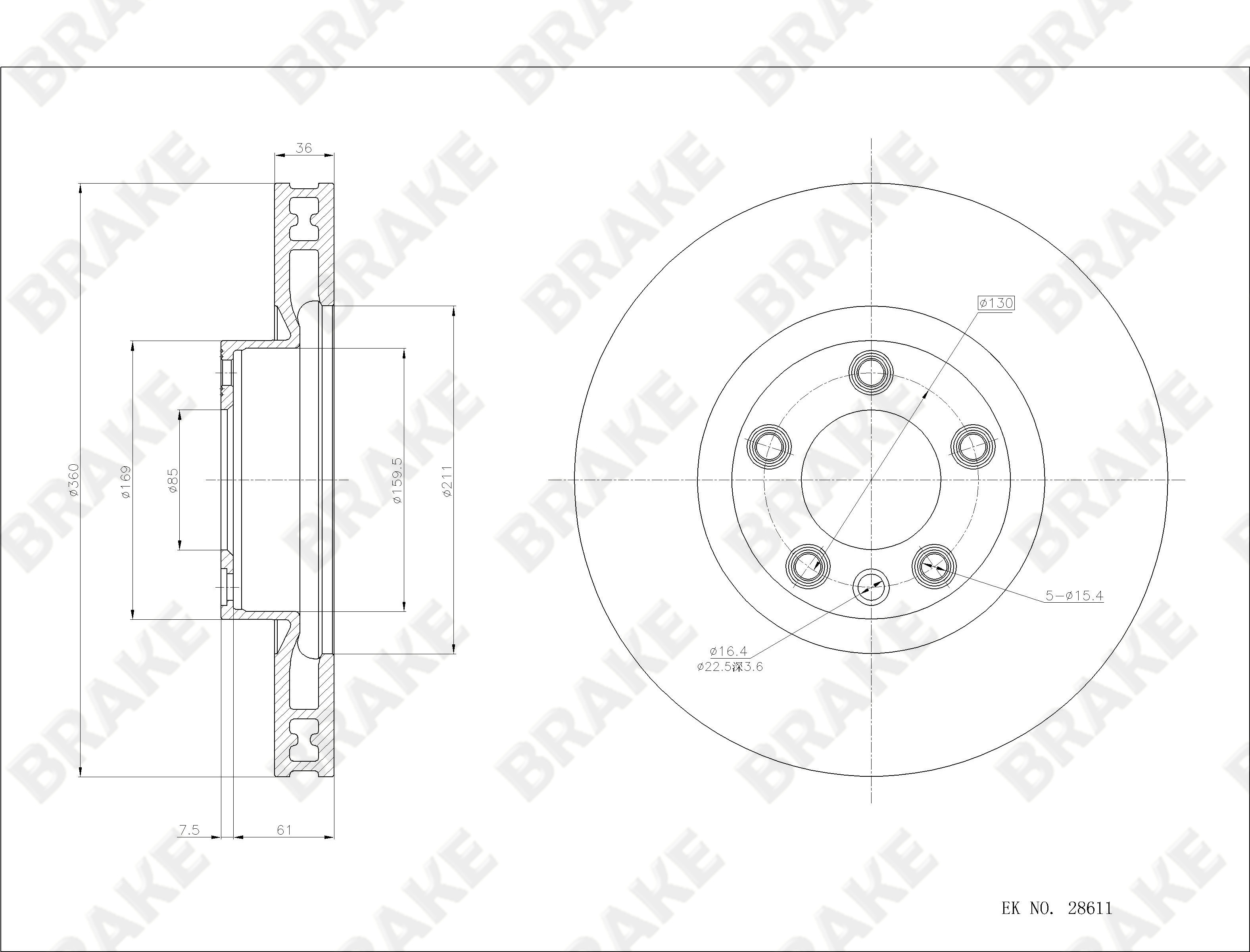 大众 途锐 2015款 3.0TSI R-Line 豪华型(CJT) BRAKE EK28611 前刹车盘 直径:360;节圆直径:130;中心孔直径:85.06;制动盘厚度:36;最小厚度:34;总高:69;固定孔数量:5;制动盘类型:通风盘 