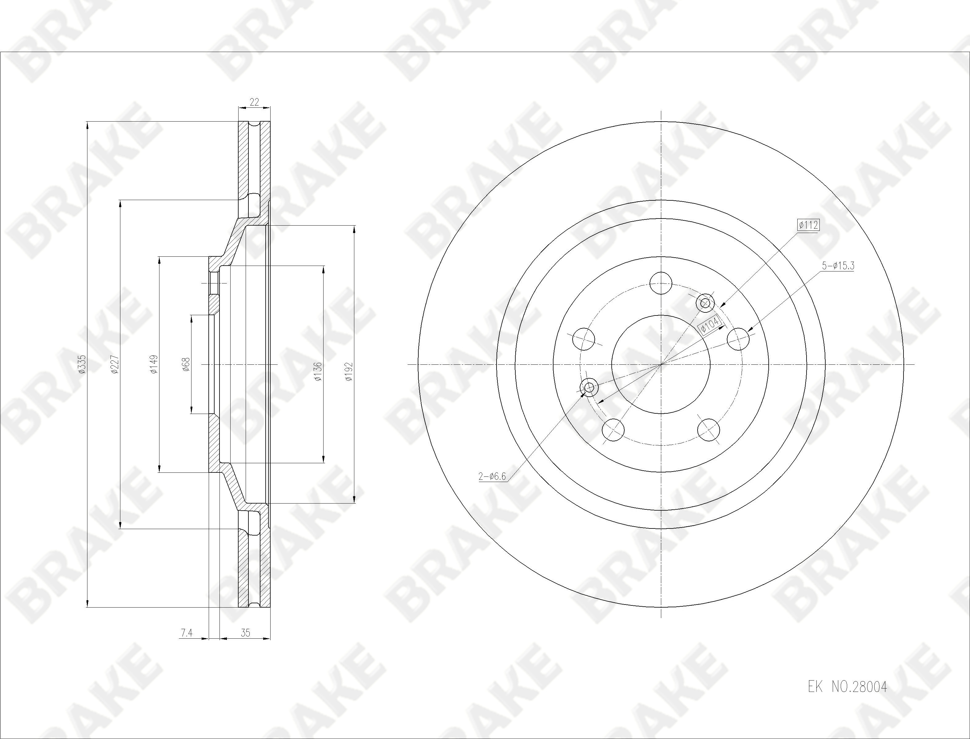 宾利 飞驰 2014款 4.0T V8 尊贵版(CMM) BRAKE EK28004 后刹车盘 直径:335;节圆直径:112;中心孔直径:68;制动盘厚度:22;最小厚度:20;固定孔数量:5;总高:42;制动盘类型:通风盘 