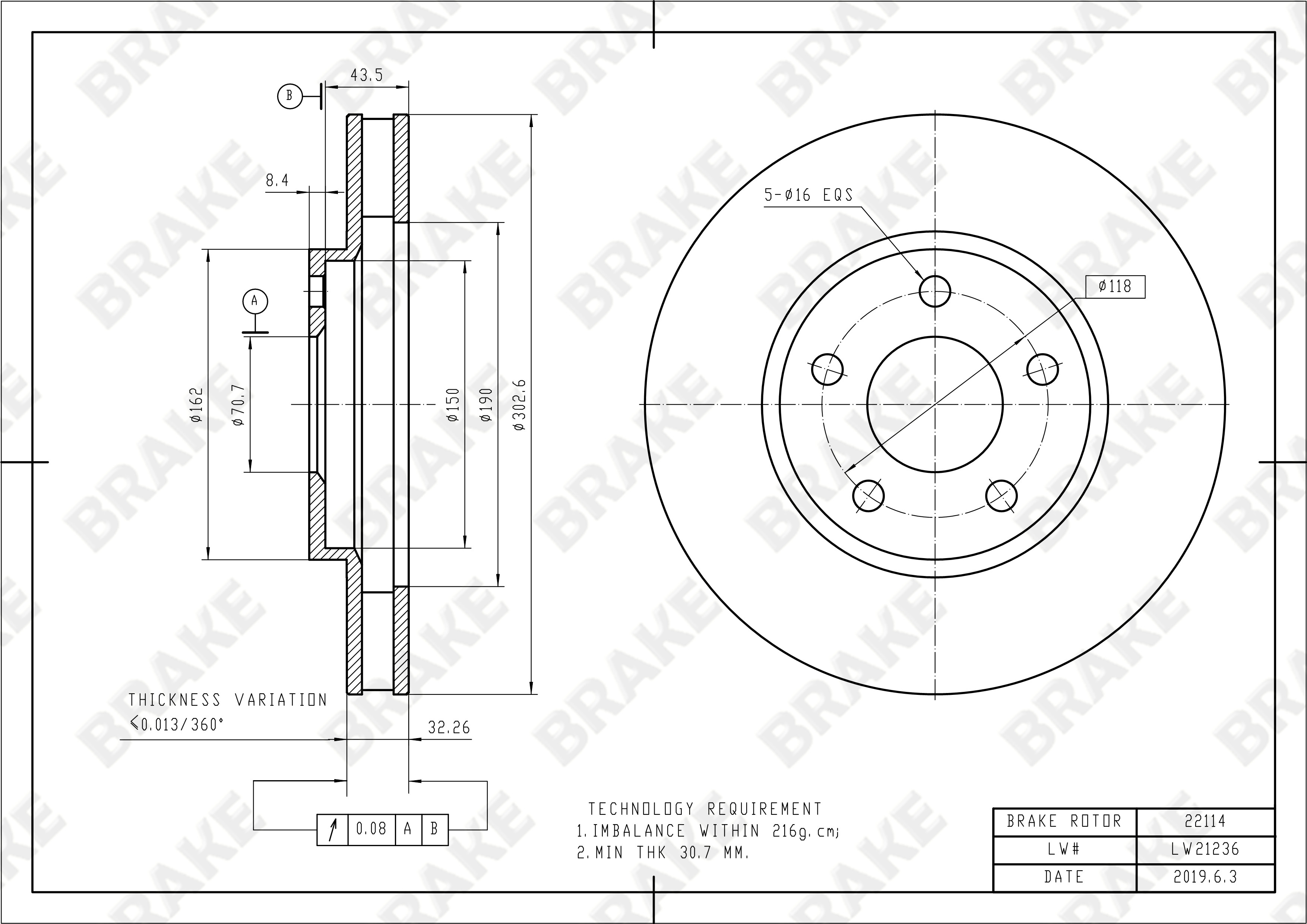 凯迪拉克 帝威 2006款 基本型 BRAKE EK22114 前刹车盘 直径:303;节圆直径:118;中心孔直径:70.6;制动盘厚度:32;最小厚度:30.7;总高:52;固定孔数量:5;制动盘类型:通风盘 