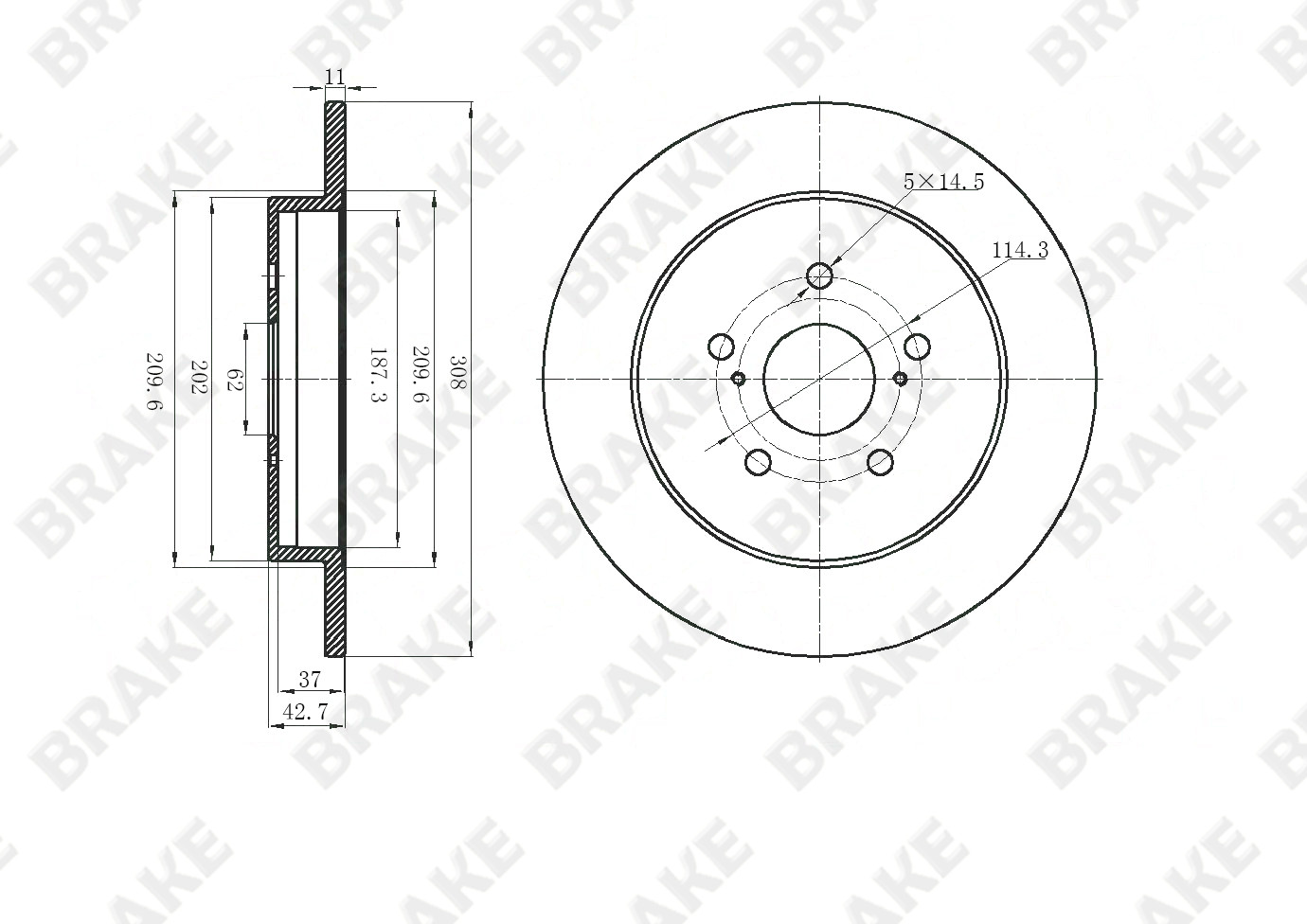 吉利汽车 豪情SUV 2014款 2.4L 手动两驱豪华型(JLD-4G24) BRAKE EK12539 后刹车盘 直径:308;节圆直径:114.3;中心孔直径:62;制动盘厚度:11;最小厚度:9;固定孔数量:5;总高:43;制动盘类型:实心盘 