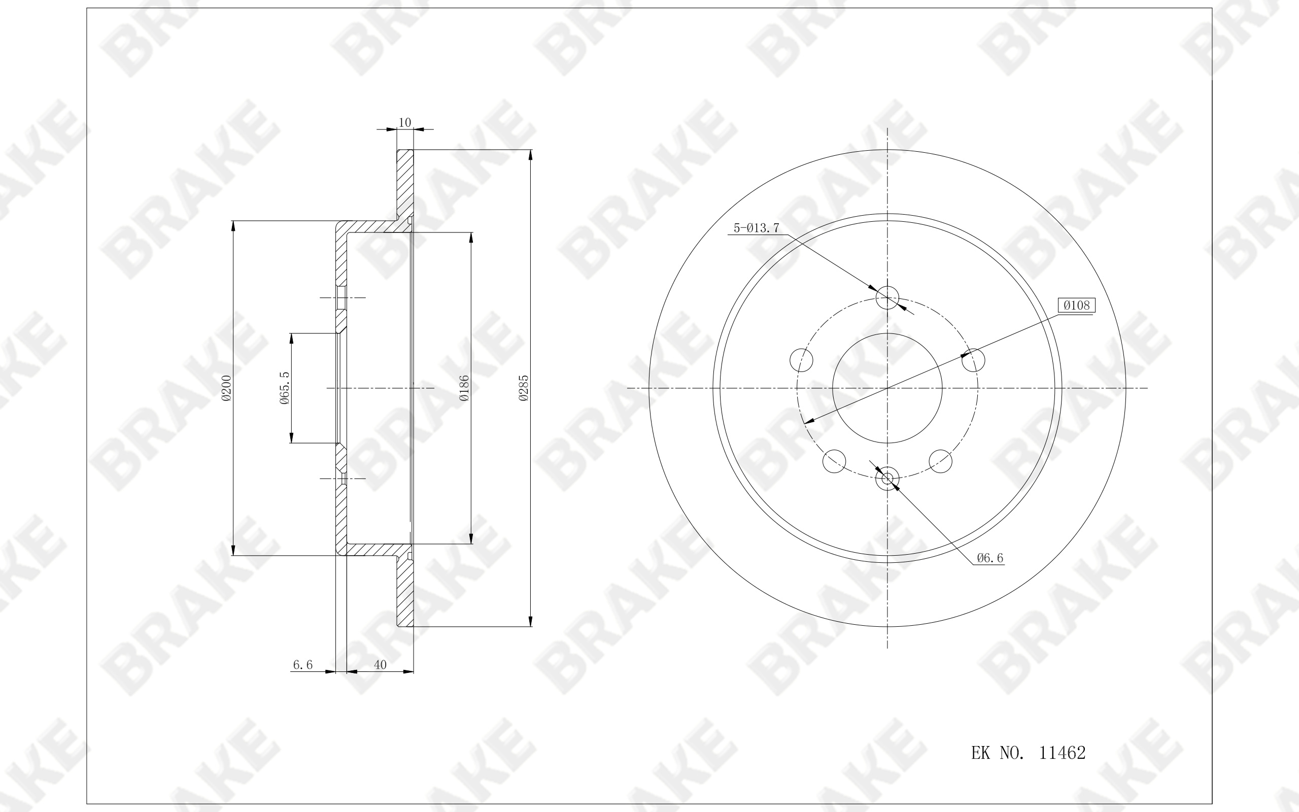 奇瑞 艾瑞泽5 2016款 1.5L CVT智效领动版(SQRE4G15B) BRAKE EK11462 后刹车盘 直径:285;节圆直径:108;中心孔直径:65.5;制动盘厚度:10;最小厚度:8;固定孔数量:5;总高:47;制动盘类型:实心盘 