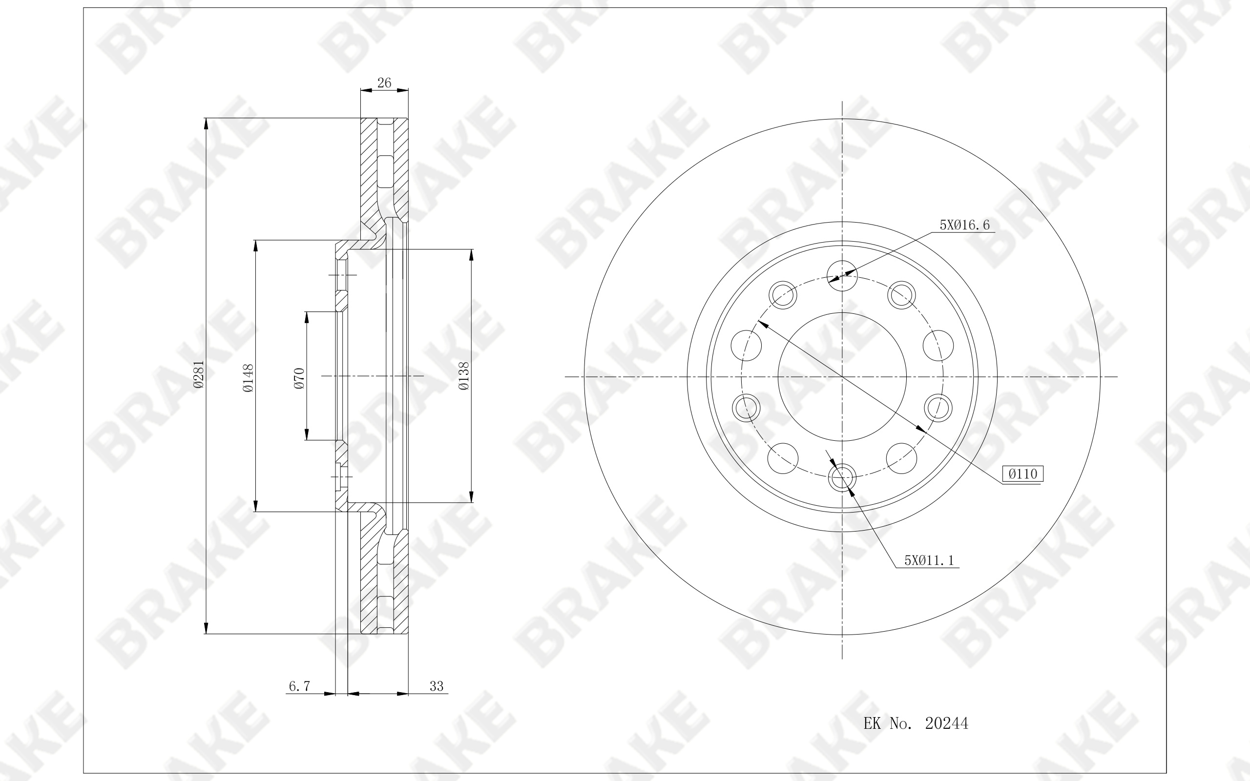 Jeep 指南者 2019款 200TS 自动高性能四驱-互联大屏版(M096) BRAKE EK20244 前刹车盘 直径:281;节圆直径:110;中心孔直径:70;制动盘厚度:26;最小厚度:24.2;总高:40;固定孔数量:5;制动盘类型:通风盘 