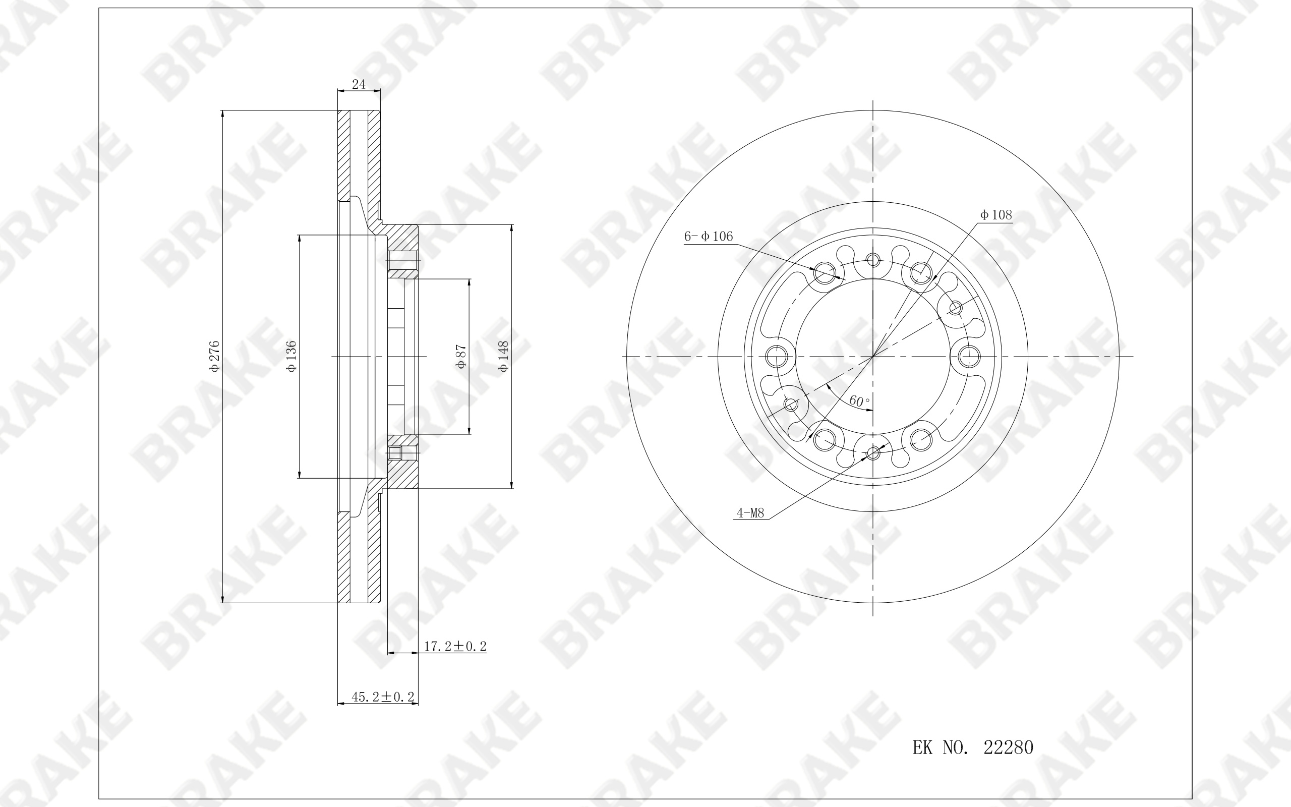 猎豹汽车 猎豹CT5 2014款 2.4L汽油两驱4G69S4N BRAKE EK22280 前刹车盘 直径:276;节圆直径:108;中心孔直径:87;制动盘厚度:24;最小厚度:22.4;总高:45;固定孔数量:6;制动盘类型:通风盘 