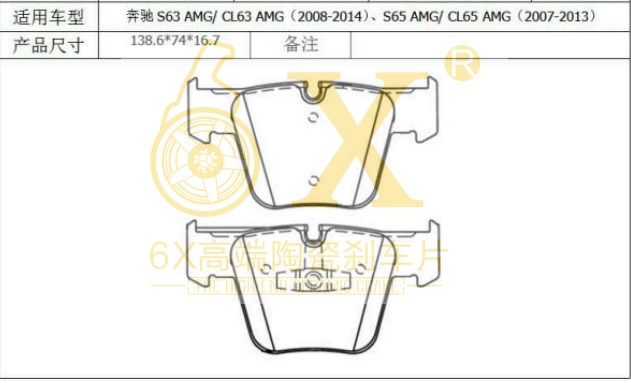 奔驰 S级AMG 2010款 S 63 6.2 手自一体(156984) 6X YK-59027 前刹车片 宽度:138.8;高度:73.9;厚度:16.7 