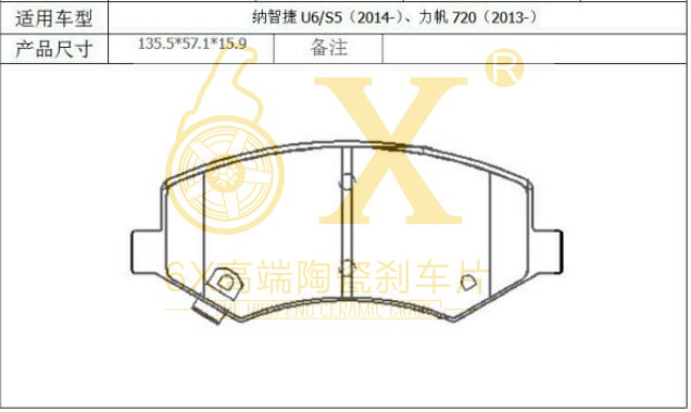 纳智捷 优6 SUV 2016款 1.8T 魅力升级型(G18TG) 6X YK-41003 前刹车片 宽度:135.4;高度:56.7;厚度:16.6 