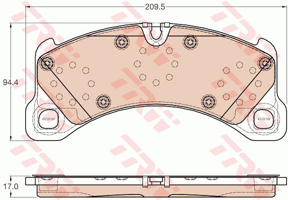 大众 途锐 2015款 3.0TSI R-Line 豪华型(CJT) TRW GDB2004 前刹车片 特定生产商:BREMBO;长度（毫米）:209,50;高度（毫米）:94,40;厚度（毫米）:17,00;磨损报警触点:用于已装配磨损报警指示器的;检测记号:E9 90R-01107/2661;EAN编码:3322938183905;倒角:有;消音片:4 + 4;其它:8 