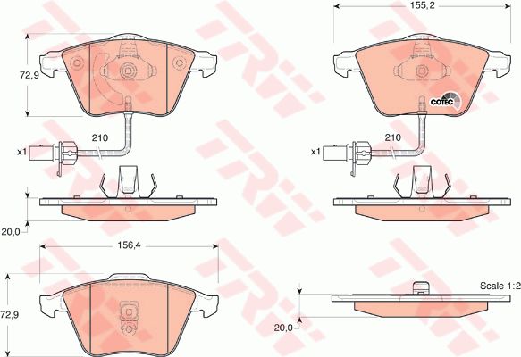 萨博 Saab 9000 1998款 基本型 TRW GDB1528 前刹车片 【每根车桥]磨损显示器的数量:2;报警接触长度（毫米）:210;特定生产商:ATE;磨损报警触点:包括磨损报警触点;检测记号:E9 90R - 01107/708;高度（毫米）:72,9;长度（毫米）:155,2;厚度（毫米）:20;运转方向被锁定:;EAN编码:3322937334360;倒角:有;消音片:2 + 1 + 1;弹簧:2 + 2;磨损传感器:2 