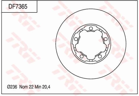 东南 富利卡 2005款 2.0 自由型 5挡手动(8座)(EQ491i) TRW DF7365 前刹车盘 制动盘类型:通风盘;制动盘厚度（毫米）:22;直径（毫米）:236;孔所在圆周直径（毫米）:104;孔的数量1:5;最小厚度（毫米）:20,4;定心直径（毫米）:84;高度（毫米）:25,8;螺纹尺寸:10.5;EAN编码:3322937548163 