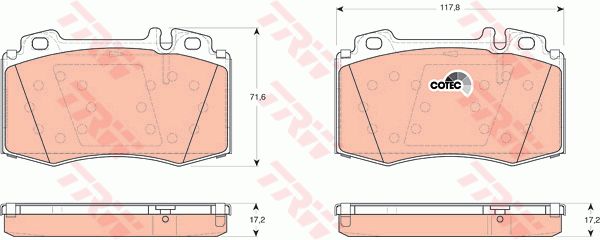 奔驰 E级(进口) 2020款 E 350 4MATIC 轿跑车(264920) TRW GDB1454 前刹车片 特定生产商:BREMBO;磨损报警触点:用于已装配磨损报警指示器的;检测记号:E9 90R 01107/282;高度（毫米）:71,6;长度（毫米）:117,8;厚度（毫米）:17,2;EAN编码:3322937287581;倒角:有;消音片:4 + 2 (独立的) + 2 (独立的) 