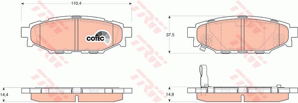 斯巴鲁 BRZ 2017款 2.0i 手动type-RS版(FA20) TRW GDB3373 后刹车片 特定生产商:AKEBONO;磨损报警触点:带磨损音频报警;检测记号:E9 90R - 01118/1221;高度（毫米）:37,5;长度（毫米）:110,4;厚度（毫米）:14,4;EAN编码:3322937393404;开槽:有;倒角:有;消音片:2 (独立的) + 2 (独立的) + 2 (独立的);弹簧:1 