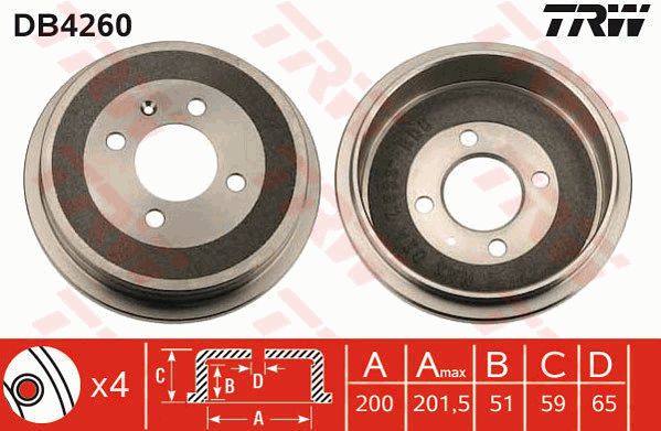 大众 捷达 2012款 1.6L 前卫(BJT) TRW DB4260 后刹车盘 制动鼓直径:200;最大制动鼓镗孔直径（毫米）:201,5;Br.Tr.内部高度（毫米）:51;孔的数量1:4;孔所在圆周直径（毫米）:100;EAN编码:3322937279784 