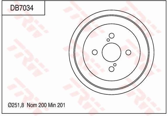 丰田 YARiS L 致炫 2014款 1.5GS 自动锐动版(7NR-FE) TRW DB7034 后刹车盘 制动鼓直径:200;Br.Tr.内部高度（毫米）:43,7;孔的数量1:4;最大制动鼓镗孔直径（毫米）:201;孔所在圆周直径（毫米）:100;制动鼓外径（毫米）:251,8;Br.Tr.总高度（毫米）:53,1;定心直径（毫米）:55;EAN编码:3322937510436 