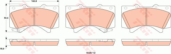 丰田 坦途 2014款 5.7L 1794 Edition(3UR-FE) TRW GDB3524 前刹车片 特定生产商:ADVICS;长度（毫米）:143,6;高度（毫米）:83,4;厚度（毫米）:18,0;磨损报警触点:带磨损音频报警;检测记号:E9 90R - 01107/2523;EAN编码:3322938132279;开槽:有;倒角:有;消音片:4;弹簧:1 + 1 
