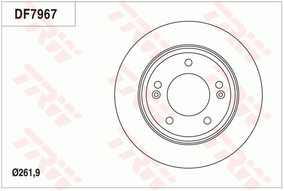 现代 Veloster飞思 2015款 1.6T 手动舒适版(G4FJ) TRW DF7967 后刹车盘 制动盘类型:实心盘;直径（毫米）:261,9;制动盘厚度（毫米）:10;最小厚度（毫米）:8,4;孔的数量1:5;定心直径（毫米）:76;高度（毫米）:45,1;孔所在圆周直径（毫米）:114,3;螺纹尺寸:12.5;EAN编码:3322938123697 