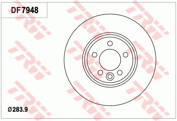 荣威 荣威e550 2016款 旗舰版(15S4U) TRW DF7948 前刹车盘 制动盘类型:通风盘;直径（毫米）:283,9;制动盘厚度（毫米）:24;最小厚度（毫米）:21;孔的数量1:5;定心直径（毫米）:64,2;高度（毫米）:39,3;螺纹尺寸:15.1;孔所在圆周直径（毫米）:100 