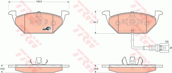 一汽 R9 2018款 1.2T 手动尊贵智悦型(CA4GA12TD) TRW GDB1658 前刹车片 磨损报警触点:包括磨损报警触点;【每根车桥]磨损显示器的数量:1;报警接触长度（毫米）:155;长度（毫米）:146,0;厚度（毫米）:19,0;高度（毫米）:54,7;特定生产商:ATE;检测记号:E9 90R 027004;EAN编码:3322937465675;倒角:有;消音片:4;弹簧:2 + 2;磨损传感器:1 