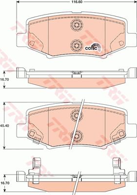 Jeep 牧马人 2010款 3.8L 四门版 Rubicon(EGT) TRW GDB4145 后刹车片 长度（毫米）:116,6;高度（毫米）:45,4;厚度（毫米）:16,7;磨损报警触点:带磨损音频报警;检测记号:E9 90R 01120/2136;EAN编码:3322937933181;替换的文章:GDB7757;倒角:有;消音片:4;弹簧:1 + 1 