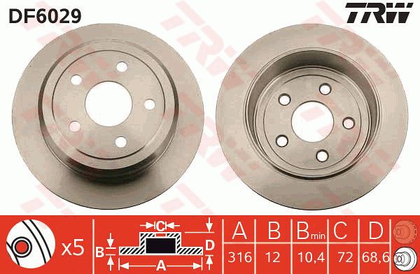 Jeep 牧马人 2011款 3.8L 两门版 Sahara(EGT) TRW DF6029 后刹车盘 表面:已油漆的;制动盘类型:实心盘;直径（毫米）:316;制动盘厚度（毫米）:12;最小厚度（毫米）:10,4;孔的数量1:5;高度（毫米）:68,6;定心直径（毫米）:72;孔所在圆周直径（毫米）:127;螺纹尺寸:16,6;颜色:黑色;EAN编码:3322938021863 