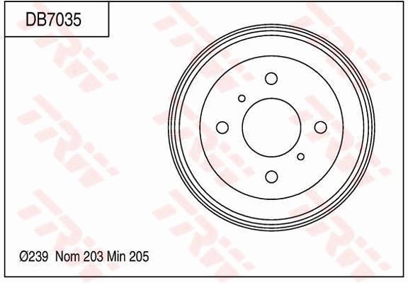 启辰 D50 2015款 1.6L 手动豪华版(HR16DE) TRW DB7035 后刹车盘 制动鼓直径:203;Br.Tr.内部高度（毫米）:40,4;孔的数量1:4;最大制动鼓镗孔直径（毫米）:205;孔所在圆周直径（毫米）:114,3;制动鼓外径（毫米）:239;Br.Tr.总高度（毫米）:66;定心直径（毫米）:68;EAN编码:3322937510221 