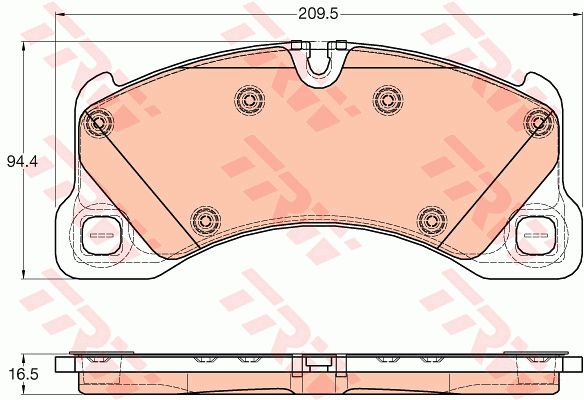大众 途锐 2015款 3.0TSI R-Line 豪华型(CJT) TRW GDB1969 前刹车片 特定生产商:BREMBO;长度（毫米）:209,5;高度（毫米）:94,4;厚度（毫米）:16,0;磨损报警触点:用于已装配磨损报警指示器的;检测记号:E9 90R - 01107/2661;EAN编码:3322938154745;替换的文章:GDB1914;开槽:有;倒角:有;消音片:4 + 4;其它:8 