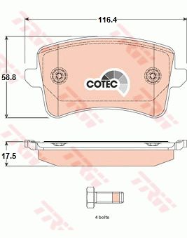 奥迪 A5 2013款 Coupe 50 TFSI quattro风尚版(CHM) TRW GDB1765 后刹车片 特定生产商:TRW;长度（毫米）:116,4;高度（毫米）:58,8;厚度（毫米）:17,5;磨损报警触点:不适用于装备了磨损报警指示器的车辆;检测记号:E9 90R - 01120/2358;注意技术数据:;EAN编码:3322937887897;替换的文章:GDB2000;倒角:有;消音片:4;弹簧:4 (独立的);螺栓:4 (独立的) 