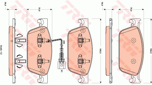 大众 凯路威 2019款 2.0TSI 四驱舒适版 7座(CJK) TRW GDB1887 前刹车片 特定生产商:ATE;长度（毫米）:193,3;高度（毫米）:75,0;厚度（毫米）:18,0;磨损报警触点:包括磨损报警触点;【每根车桥]磨损显示器的数量:1;报警接触长度（毫米）:200;检测记号:E9 90R - 01107/2868;EAN编码:3322938075095;倒角:有;消音片:2 + 2;弹簧:4;磨损传感器:1 