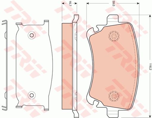 宾利 欧陆 2004款 GT 6.0(W72/15) TRW GDB1661 后刹车片 特定生产商:TRW;长度（毫米）:116,2;高度（毫米）:59,0;厚度（毫米）:16,7;磨损报警触点:不适用于装备了磨损报警指示器的车辆;填充件/补充信息2:带制动钳螺栓;补充件/补充信息:带附件;检测记号:E9 90R - 01120/793;注意技术数据:;EAN编码:3322937475735;消音片:4;弹簧:4 (独立的);螺栓:4 (独立的) 