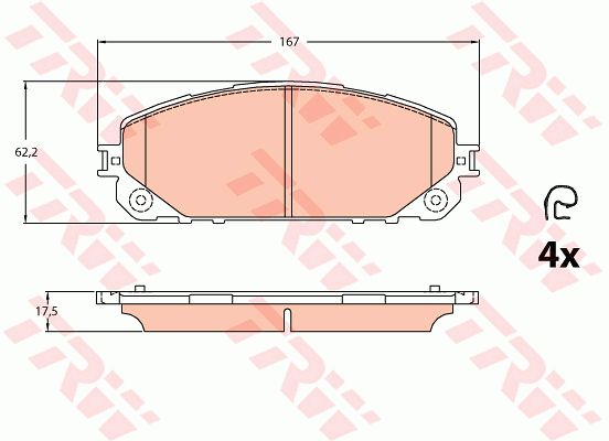 Jeep 自由光(进口) 2018款 Latitude TRW GDB2094 前刹车片 长度（毫米）:167,0;高度（毫米）:62,2;厚度（毫米）:17,5;磨损报警触点:不适用于装备了磨损报警指示器的车辆;补充件/补充信息:带附件;检测记号:E9 90R-02A0107/4267;EAN编码:3322938297947;开槽:有;倒角:有;消音片:4;弹簧:4 (独立的) 