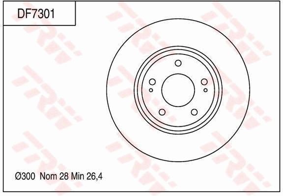 现代 Veloster飞思 2012款 1.6T 自动豪华版(G4FJ) TRW DF7301 前刹车盘 制动盘厚度（毫米）:28;直径（毫米）:300;孔所在圆周直径（毫米）:114,3;孔的数量1:5;制动盘类型:通风盘;最小厚度（毫米）:26,4;定心直径（毫米）:69;高度（毫米）:47,2;螺纹尺寸:12.5;EAN编码:3322937510290;替换的文章:DF6108S;替换的文章:DF7648 