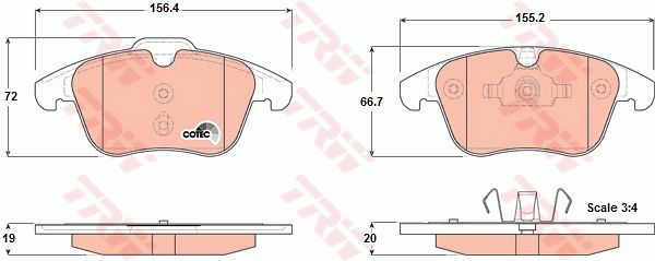 荣威 荣威Ei5 2018款 互联网豪华版(TZ204XS85K02(电动机)) TRW GDB1683 前刹车片 特定生产商:ATE;长度1（毫米）:156,4;高度1 （毫米）:72,0;厚度1（毫米）:19,0;长度2（毫米）:155,2;高度2（毫米）:66,7;厚度2（毫米）:20,0;磨损报警触点:不适用于装备了磨损报警指示器的车辆;检测记号:E9 90R - 01107/1434;注意技术数据:;设备变型:Not for new vehicles;EAN编码:3322937511679;倒角:有;消音片:2 + 2;弹簧:2 