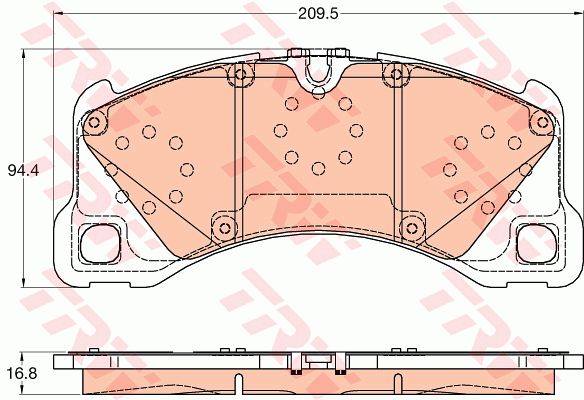 大众 途锐 2015款 3.0TSI R-Line 豪华型(CJT) TRW GDB2052 前刹车片 特定生产商:BREMBO;长度（毫米）:209,5;高度（毫米）:94,4;厚度（毫米）:16,5;磨损报警触点:用于已装配磨损报警指示器的;检测记号:E9 90R - 01107/2661;制动设备:不适用于碳陶瓷制动盘;制动设备:仅用于与钢质制动盘连接处;EAN编码:3322938227517;开槽:有;倒角:有;消音片:4 + 4 