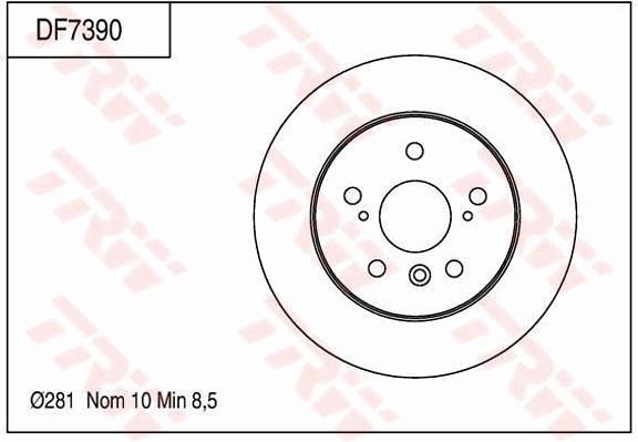 雷克萨斯 ES 2014款 300h 舒适版(2AR-FXE) TRW DF7390 后刹车盘 制动盘类型:实心盘;制动盘厚度（毫米）:10;直径（毫米）:281;孔所在圆周直径（毫米）:114,3;孔的数量1:5;最小厚度（毫米）:8,5;定心直径（毫米）:62;高度（毫米）:66,8;螺纹尺寸:14.5 