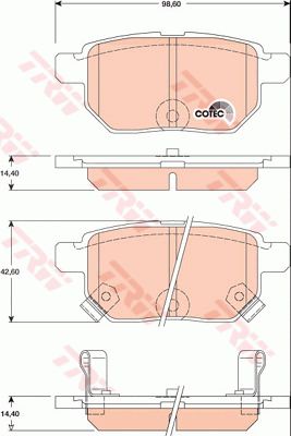 SWM斯威汽车 SWM斯威X3 2017款 1.6L 手动风尚型(DG16) TRW GDB3454 后刹车片 检测记号:E9 90R - 01120/2194;特定生产商:AKEBONO;长度（毫米）:98,6;厚度（毫米）:14,4;高度（毫米）:42,6;磨损报警触点:带磨损音频报警;EAN编码:3322937578382;开槽:有;倒角:有;消音片:4;弹簧:2 