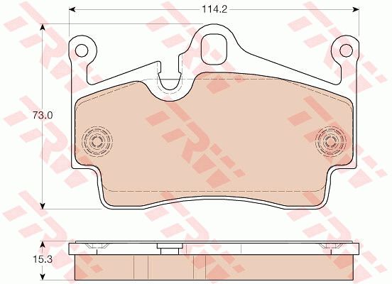 保时捷 Cayman 2006款 Cayman S 3.4L(M97/21) TRW GDB1961 后刹车片 特定生产商:BREMBO;长度（毫米）:114,2;高度（毫米）:73,0;厚度（毫米）:15,3;磨损报警触点:用于已装配磨损报警指示器的;检测记号:E9 90R - 01120/1357;制动设备:不适用于碳陶瓷制动盘;制动设备:仅用于与钢质制动盘连接处;EAN编码:3322938152239;消音片:4 