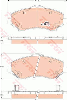 Jeep 牧马人 2010款 3.8L 四门版 Rubicon(EGT) TRW GDB4144 前刹车片 特定生产商:TRW;长度（毫米）:146,5;高度（毫米）:64;厚度（毫米）:17,6;磨损报警触点:带磨损音频报警;检测记号:E9 90R 01107/2135;EAN编码:3322937933174;替换的文章:GDB7756;开槽:有;消音片:4;弹簧:2 