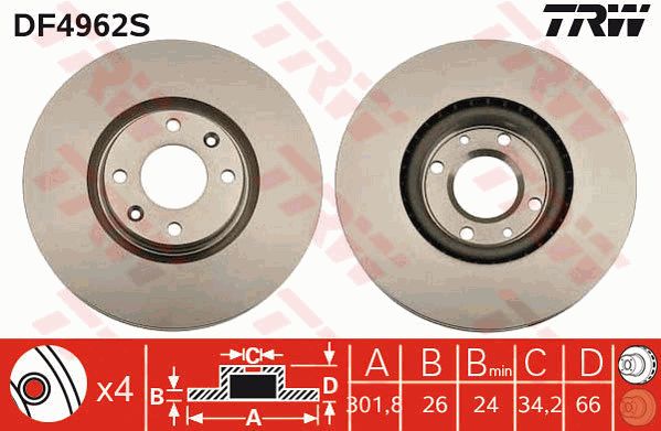 标致 3008 2015款 2.0L 自动经典版(PSA RFN 10LH3X) TRW DF4962S 前刹车盘 制动盘类型:通风盘;直径（毫米）:302;制动盘厚度（毫米）:26;最小厚度（毫米）:24;孔的数量1:4;高度（毫米）:34,2;定心直径（毫米）:66;孔所在圆周直径（毫米）:108;螺纹尺寸:13;颜色:黑色;表面:已油漆的;EAN编码:3322937951383 