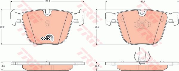 劳斯莱斯 古思特 2021款 6.7T 标准轴距版(N74B68A) TRW GDB1502 后刹车片 特定生产商:ATE;磨损报警触点:用于已装配磨损报警指示器的;检测记号:E9 90R - 01120/609;高度（毫米）:68;长度（毫米）:139,7;厚度（毫米）:16,8;注意技术数据:;EAN编码:3322937320325;倒角:有;消音片:2 + 2;弹簧:2 