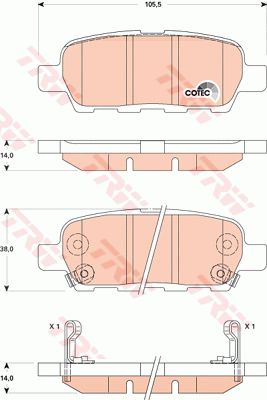 日产 奇骏 2015款 2.5L CVT领先MAX版 4WD(QR25DE) TRW GDB3507 后刹车片 特定生产商:AKEBONO;长度（毫米）:105,5;高度（毫米）:38,0;厚度（毫米）:14,0;磨损报警触点:带磨损音频报警;检测记号:E9 90R - 01120/551;EAN编码:3322938070953;开槽:有;倒角:有;消音片:2 + 2;弹簧:2 