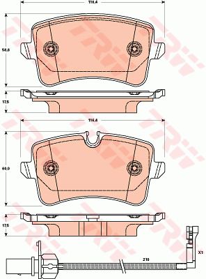奥迪 A6L 2014款 35 FSI 豪华型(CNY) TRW GDB1902 后刹车片 特定生产商:TRW;长度（毫米）:116,4;高度1 （毫米）:58,8;高度2（毫米）:60,0;厚度（毫米）:17,5;磨损报警触点:包括磨损报警触点;【每根车桥]磨损显示器的数量:1;报警接触长度（毫米）:210;填充件/补充信息2:带制动钳螺栓;补充件/补充信息:带附件;检测记号:E9 90R - 01107/2659;注意技术数据:;EAN编码:3322938085674;倒角:有;消音片:2 + 2;磨损传感器:1 (独立的);螺栓:4 (独立的) 