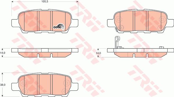 日产 奇骏 2015款 2.5L CVT领先MAX版 4WD(QR25DE) TRW GDB3294 后刹车片 特定生产商:AKEBONO;磨损报警触点:带磨损音频报警;检测记号:E9 90R 01120/551;高度（毫米）:38,2;长度（毫米）:105,5;厚度（毫米）:14;EAN编码:3322937300631;替换的文章:GDB3393;开槽:有;倒角:有;消音片:2 + 2;弹簧:1 
