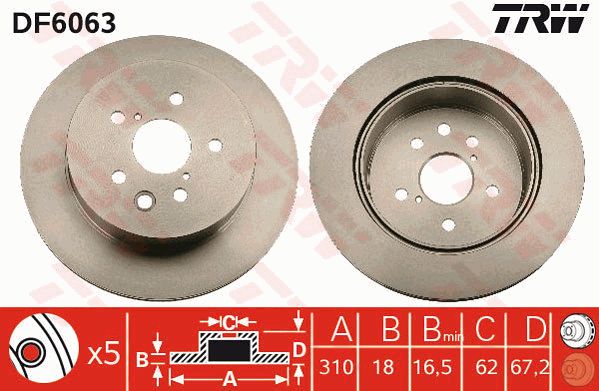 雷克萨斯 GS 2005款 300(3GR-FE) TRW DF6063 后刹车盘 表面:已油漆的;制动盘类型:通风盘;直径（毫米）:310;制动盘厚度（毫米）:18;最小厚度（毫米）:16,5;孔的数量1:5;高度（毫米）:67,2;定心直径（毫米）:62;孔所在圆周直径（毫米）:114,3;螺纹尺寸:14,5;颜色:黑色;EAN编码:3322937991501 