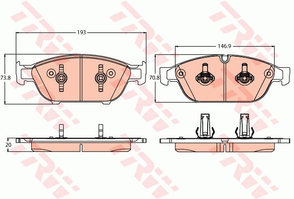奥迪 A6L 2017款 45 TFSI quattro 运动型(CTD) TRW GDB2113 前刹车片 特定生产商:ATE;长度（毫米）:193,0;高度1 （毫米）:73,8;高度2（毫米）:70,8;厚度（毫米）:20,0;磨损报警触点:用于已装配磨损报警指示器的;检测记号:E9 90R-01107/2923;EAN编码:3322938319427;开槽:有;倒角:有;消音片:2 + 2;弹簧:4 + 4 