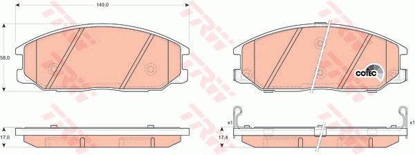 君马汽车 君马S70 2018款 1.5T 自动标准型 7座(TNN4G15T) TRW GDB3297 前刹车片 特定生产商:MANDO;磨损报警触点:带磨损音频报警;检测记号:E9 90R 01107/224;高度（毫米）:58;长度（毫米）:149;厚度（毫米）:17,4;EAN编码:3322937300662;开槽:有;倒角:有;消音片:2 + 2 + 2;弹簧:2 